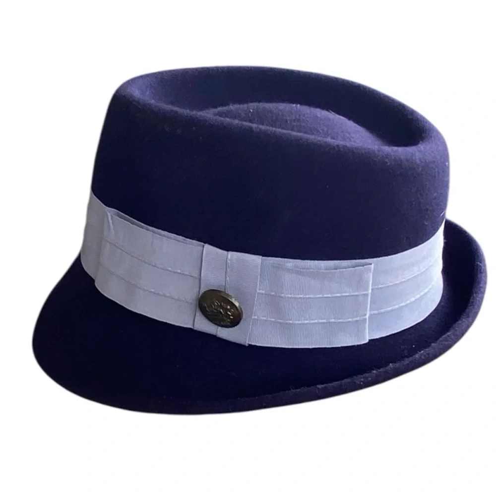 vintage wool felt blue small brim fedora featuring a gray band pork pie hat size